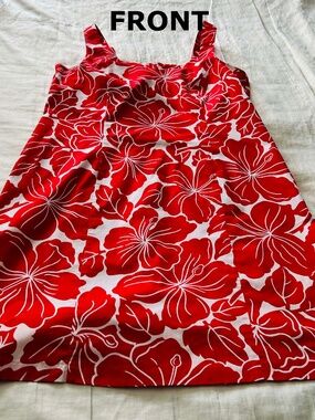 DRESS, PURE COTTON, RED & WHITE FLORAL, SIZE 15, UNLINED, SQUARE NECKLINE, SLEEV